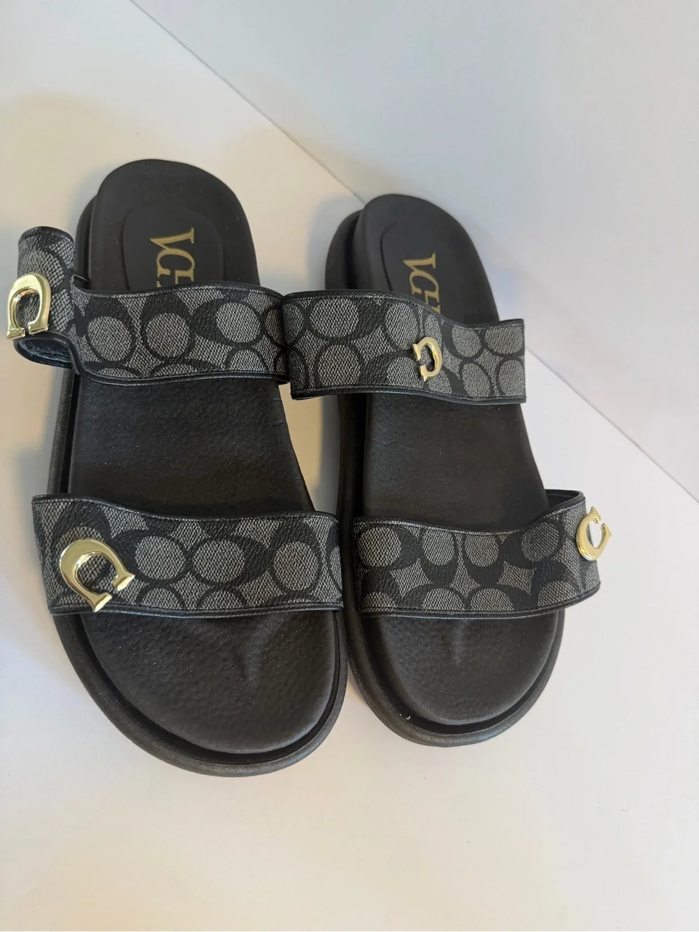 Kids Black Logo-Print Slide Sandals with Gold Accents